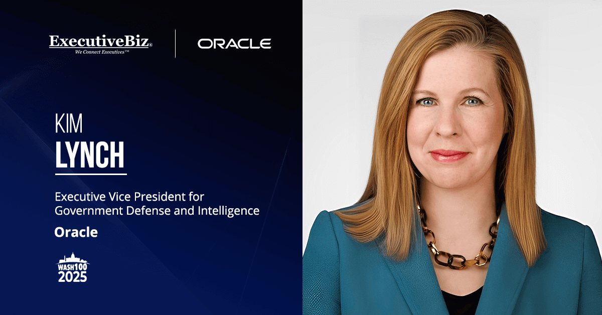 Headshot of Kim Lynch, EVP at Oracle. Lynch discusses the government's digital transformation