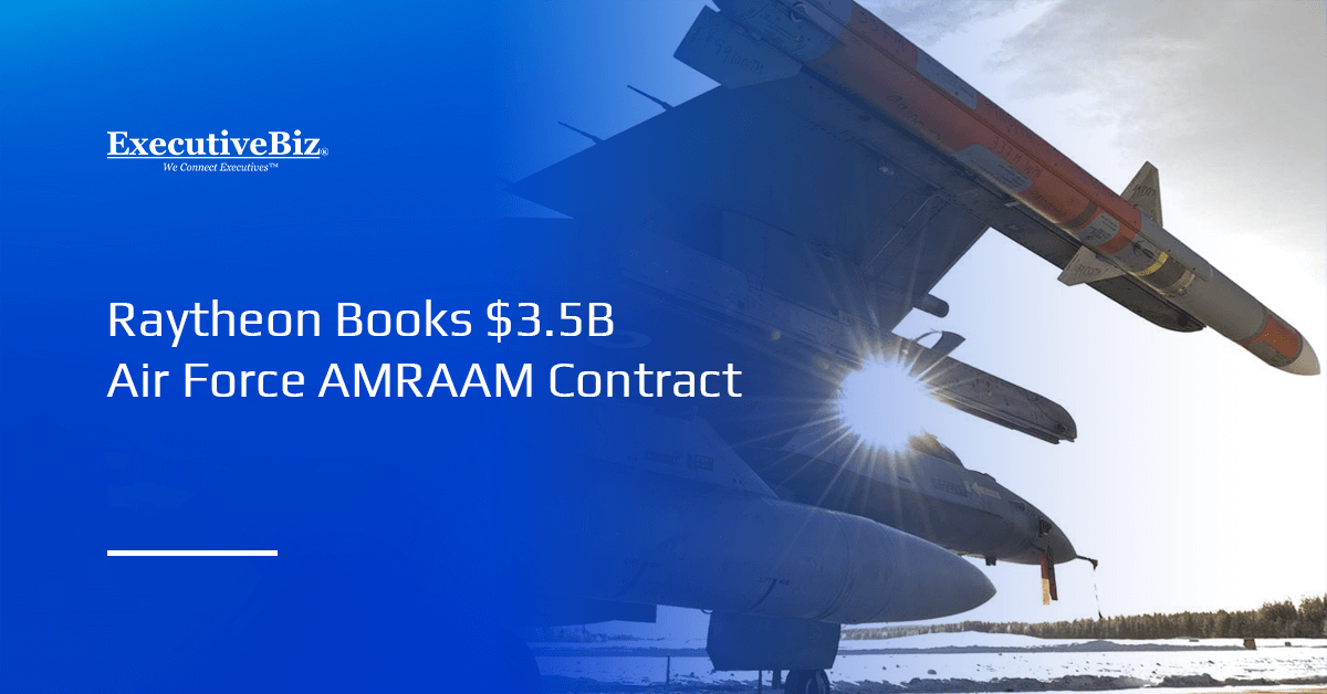 AMRAAM mounted on a fighter jet. Raytheon has received an Air Force contract for AMRAAM Lot 39 and 40 production.