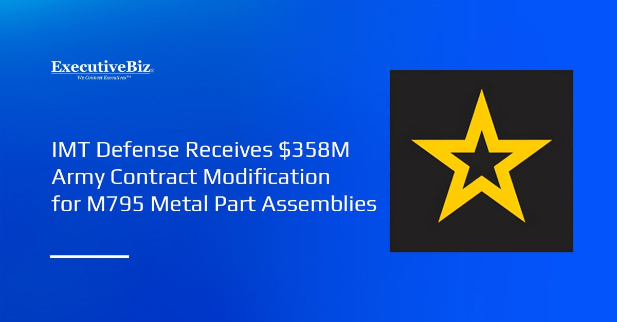 U.S. Army logo. The Army has awarded IMT Defense a contract modification for M795 metal part assemblies.