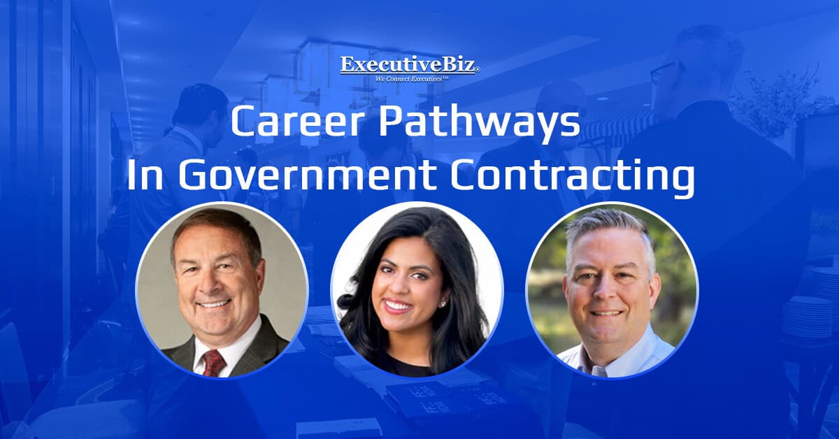 Graphic of three GovCon professionals with the text Career Pathways in Government Contracting