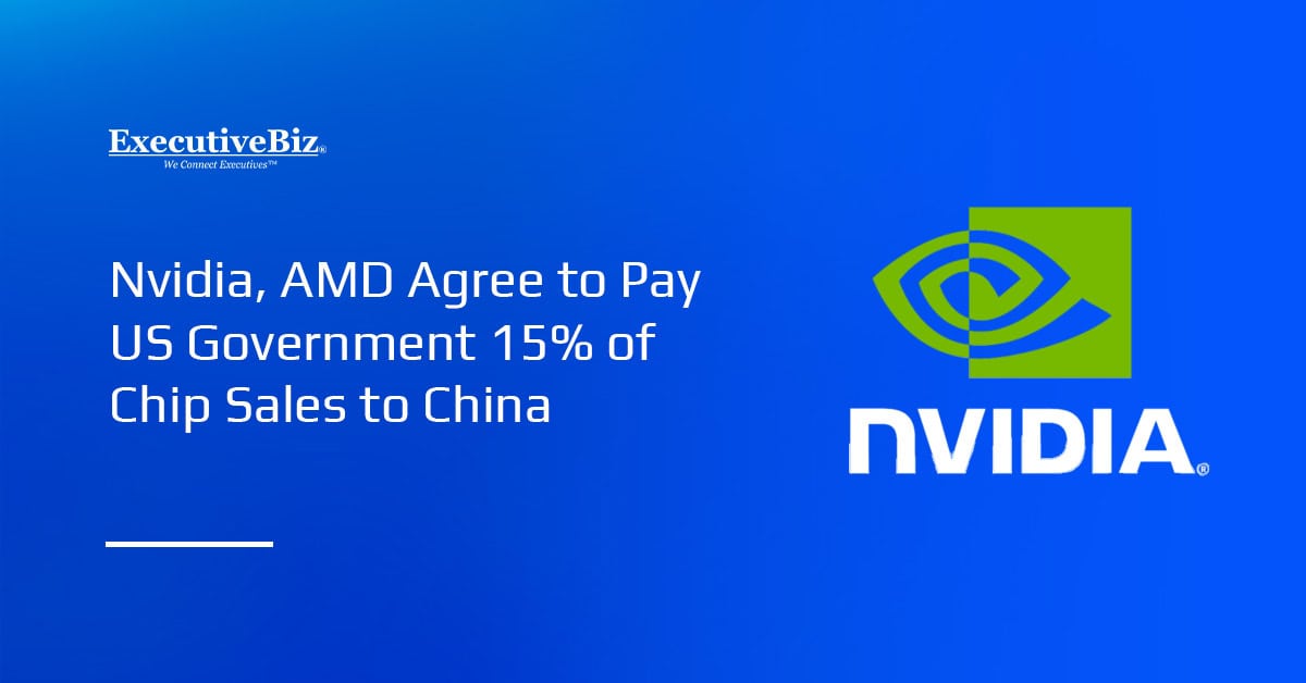 Nvidia logo. Nvidia and AMD agreed to pay the U.S. government 15 percent of China chip revenue.