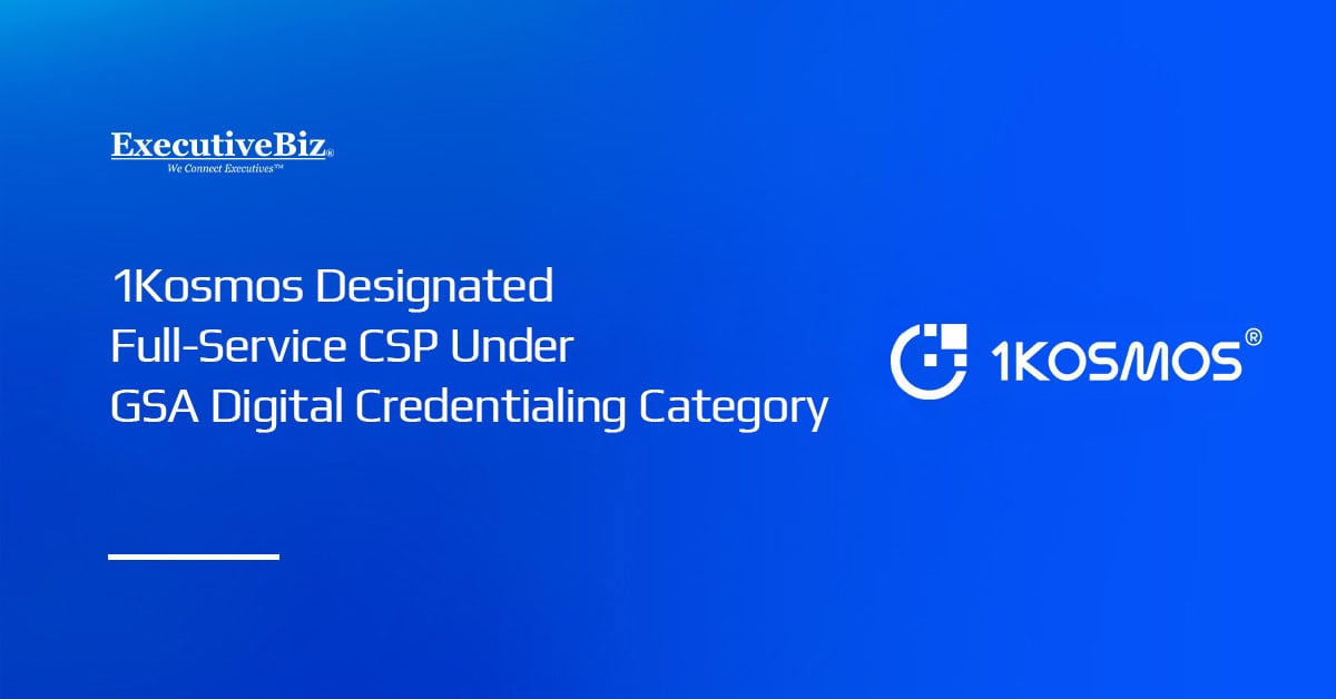 1Kosmos logo. 1Kosmos has earned a Full-Service Credential Service Provider designation from the GSA.