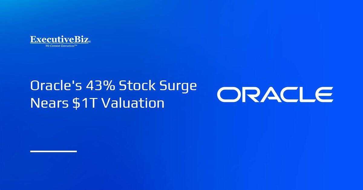 Oracle logo. Oracle shares increased by 43 percent and nearly reached a $1 trillion valuation.