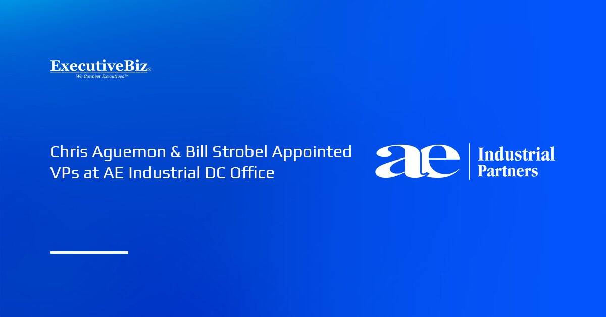 AE Industrial logo. AE Industrial Partners appointed Chris Aguemon and Bill Strobel as VPs of its Washington, D.C., office.