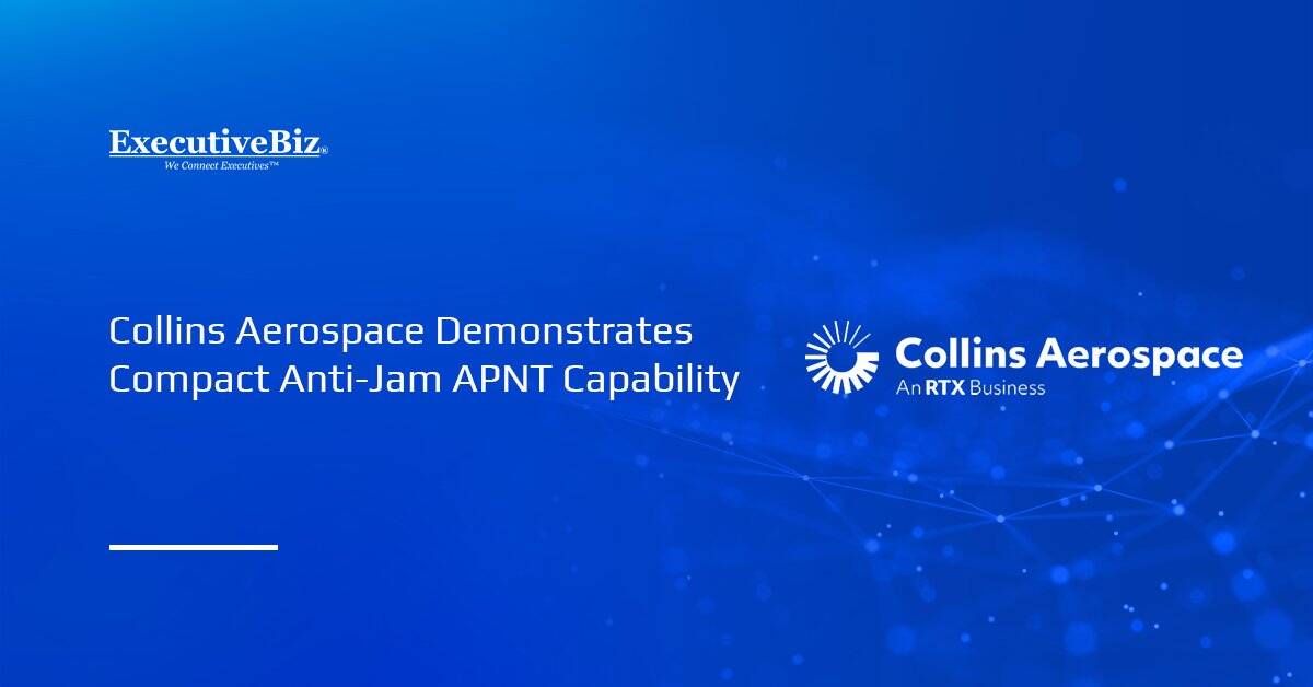 Collins Aerospace logo. The RTX business demonstrated an anti-jam APNT tech.