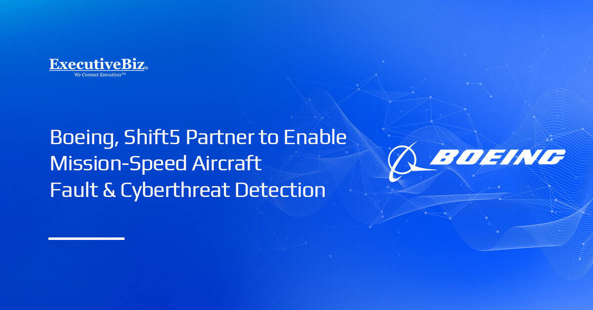 Boeing logo. Boeing has partnered with Shift5 to develop aircraft fault and cyberthreat detection capabilities.
