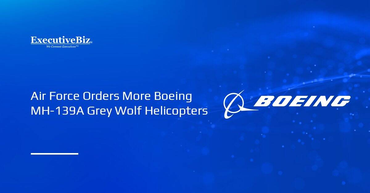 Boeing's logo. Boeing is building four more MH-139A Grey Wolf helicopters for the Air Force.