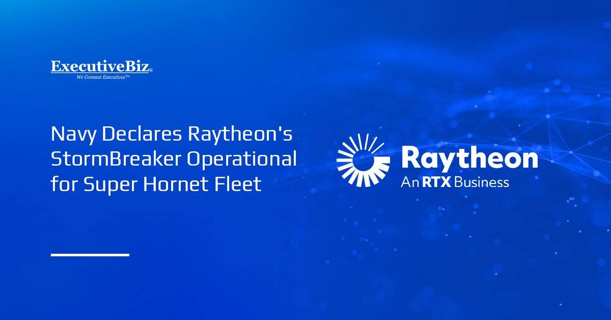 Raytheon logo. Raytheon's StormBreaker smart weapon reached operational status on the Super Hornet.