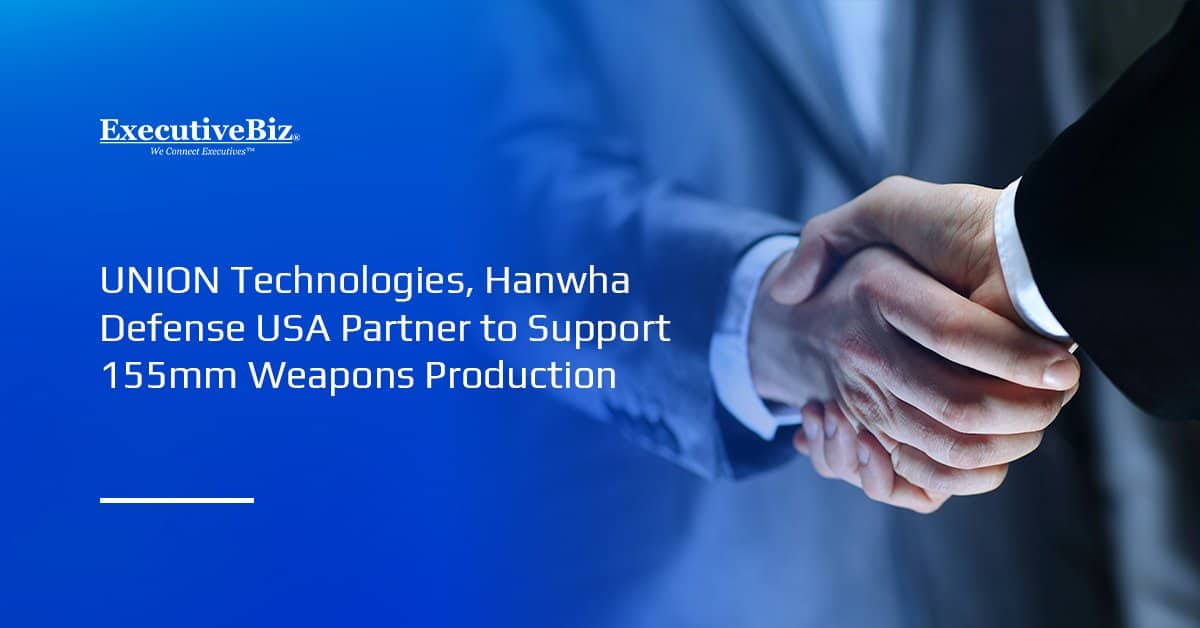 Handshake showing partnership. UNION Technologies and Hanwha Defense USA have partnered to support 155mm weapons production.