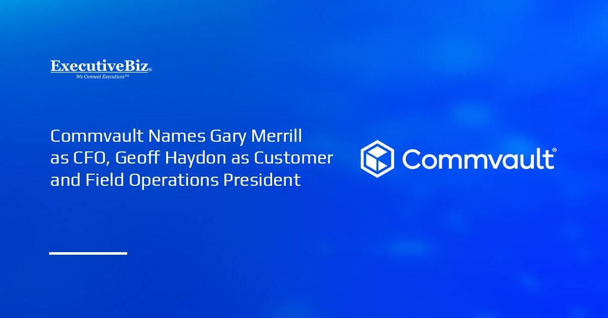 Commvault logo. Gary Merrill return to Commvault as CFO while Geoff Haydon joined the company to lead customer operations