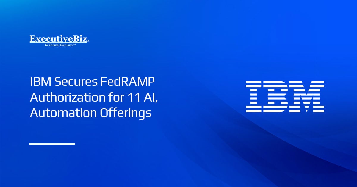 IBM logo. IBM expanded its federal AI footprint with FedRAMP-authorized offerings on AWS GovCloud.
