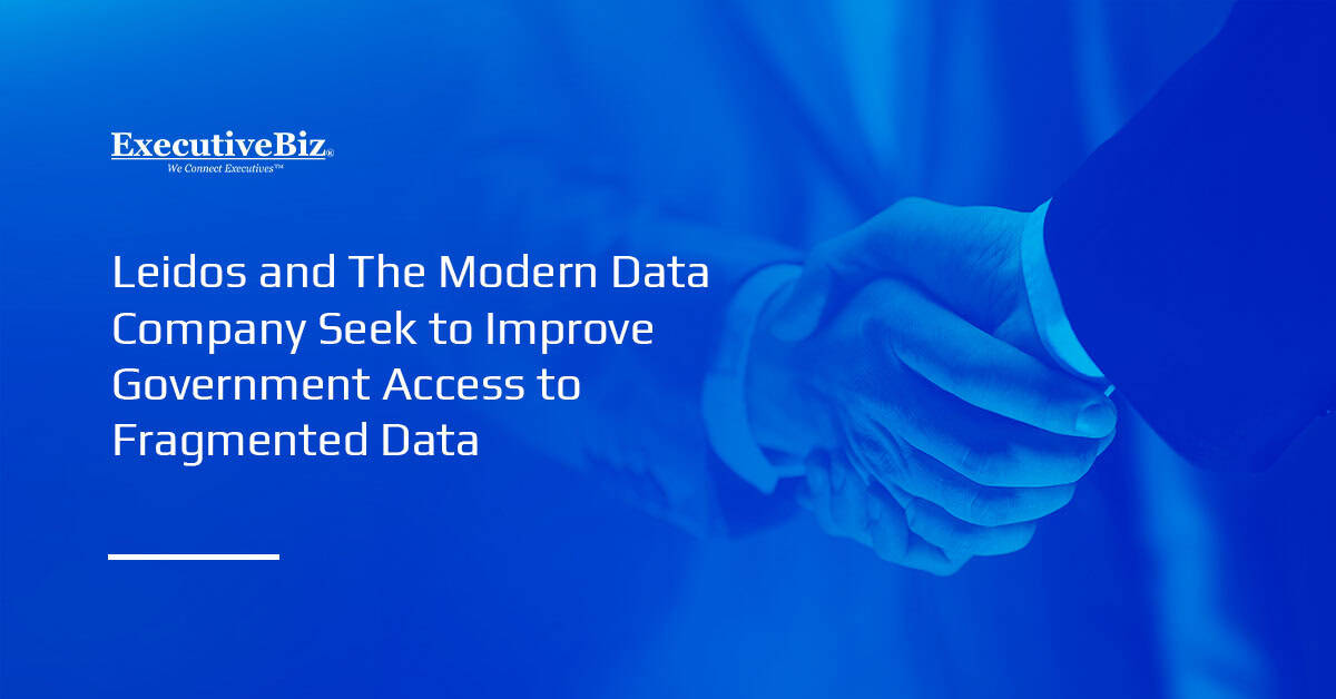 Two people shaking hands. Leidos has entered into a partnership with The Modern Data Company.