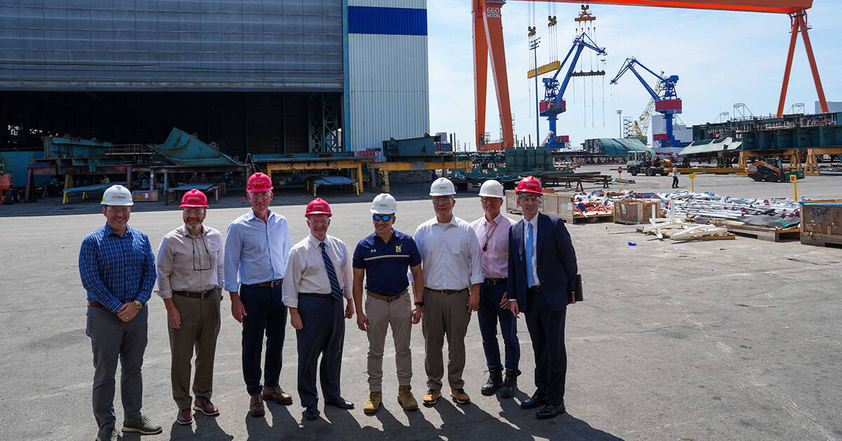 Photo: Hanwha Defense USA Navy and Hanwha executives. Acting Navy Secretary Hung Cao joined Hanwha Defense USA CEO Michael Coulter and other leaders on a tour of the Hanwha Philly Shipyard.
